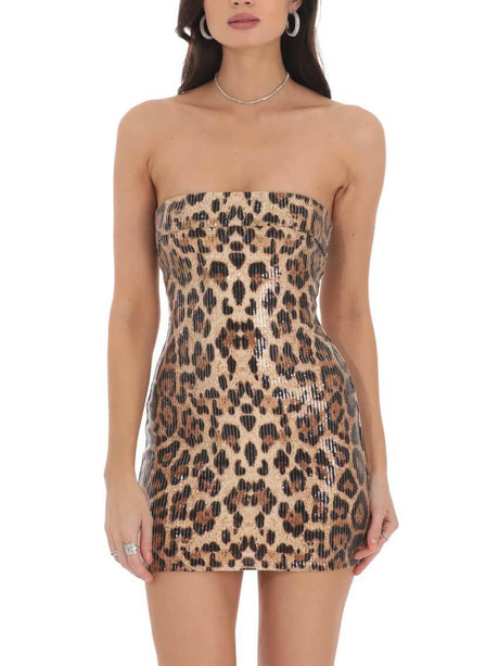 Aurohaya Strapless Sequined Leopard Print Mini Dress Brown
