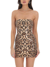 Aurohaya Strapless Sequined Leopard Print Mini Dress Brown