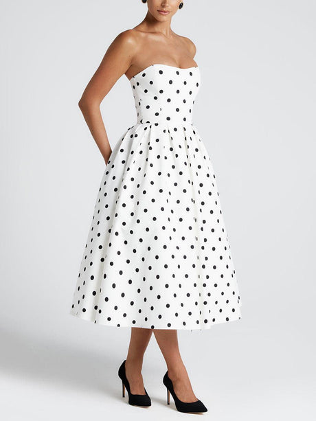 Aurohaya Elegant Retro Polka Dot Print Midi Dress