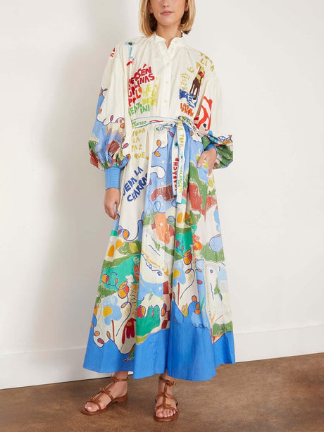Aurohaya Unique Island Painted Print Shirt-style Maxi Dress Blue