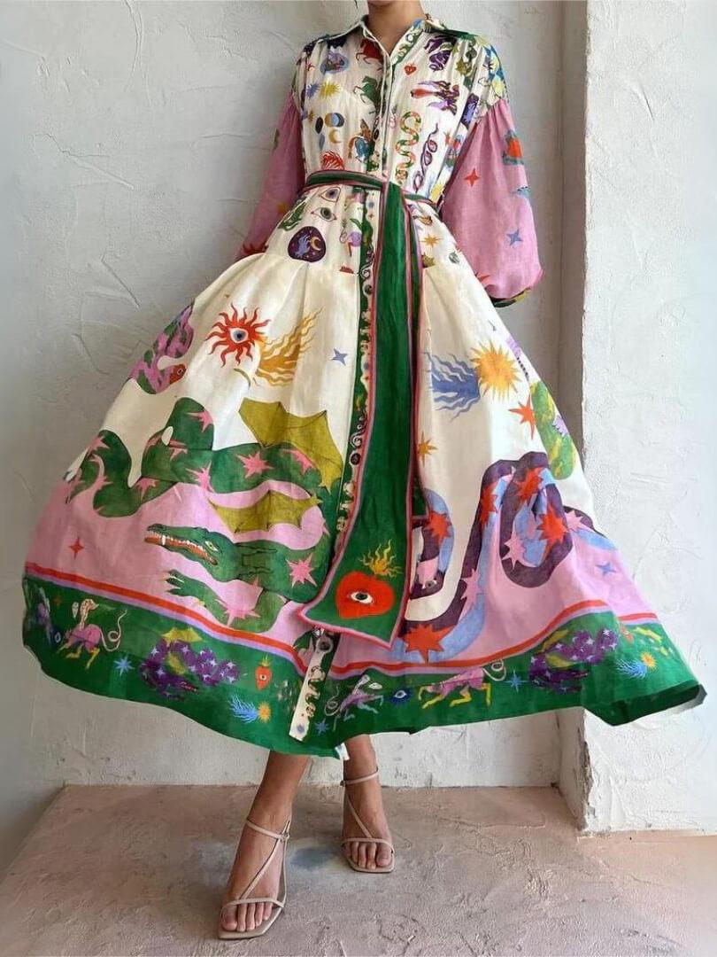 Aurohaya Unique And Beautiful Retro Print Long Sleeve Shirt-Style Midi Dress