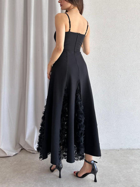 Aurohaya Elegant Rose Floral Applique Spaghetti Strap Midi Dress