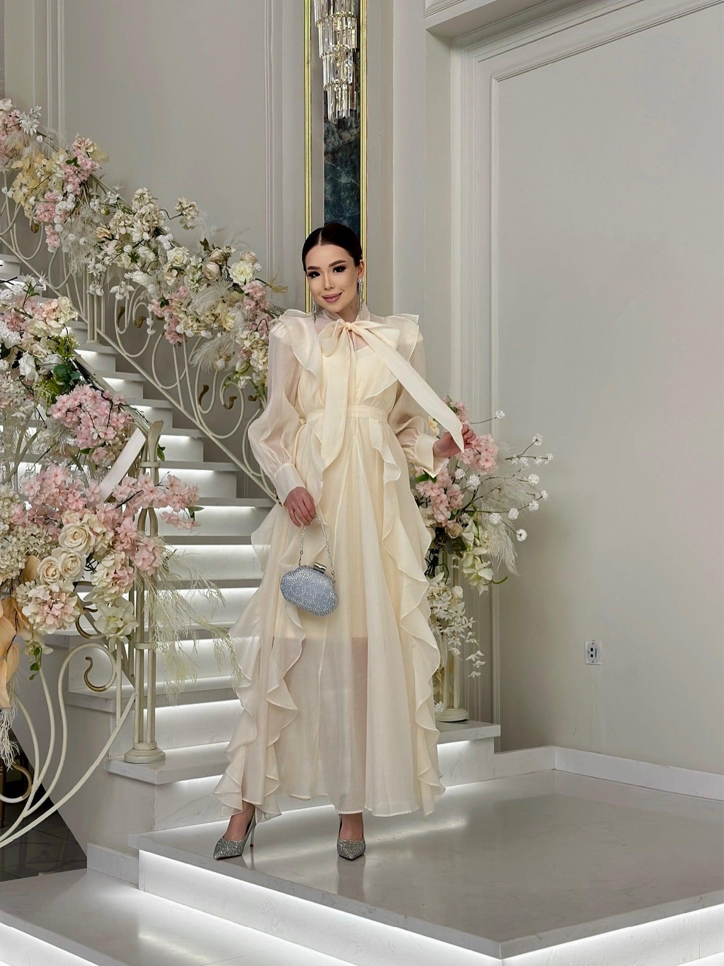 Aurohaya Chiffon Ruffle Maxi Dress — Bow-Tie Modest Evening Gown