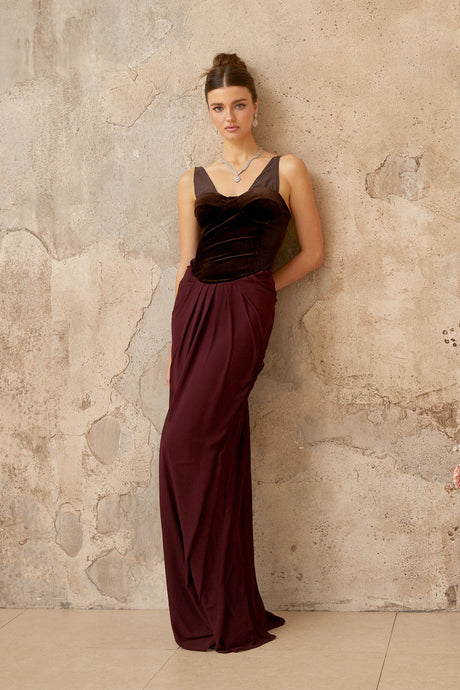 Aurohaya Ariane burgundy velvet-panel shirred maxi dress