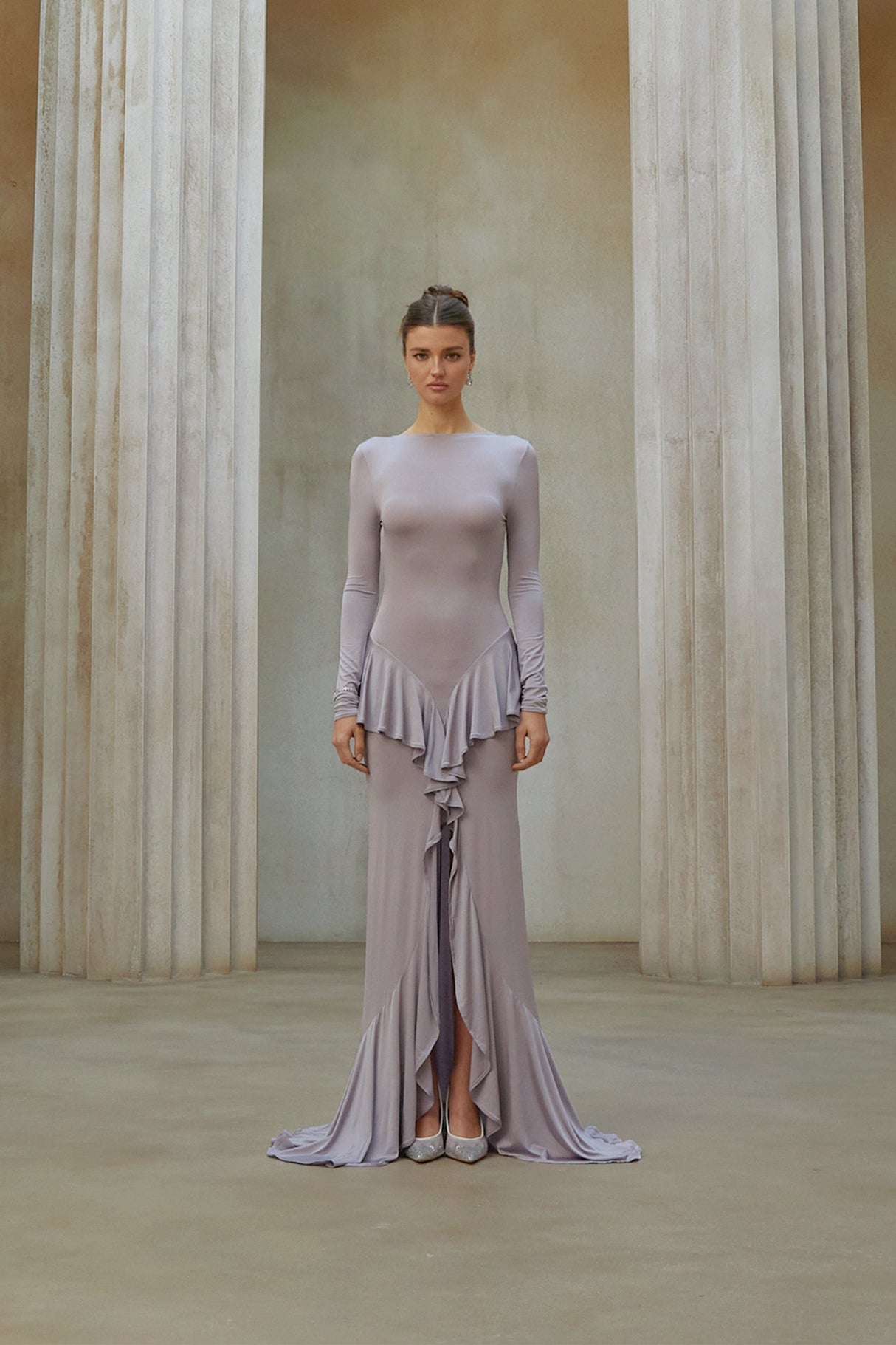 Aurohaya Xenia Purple Ruffle Detail Maxi Dress with Front Slit