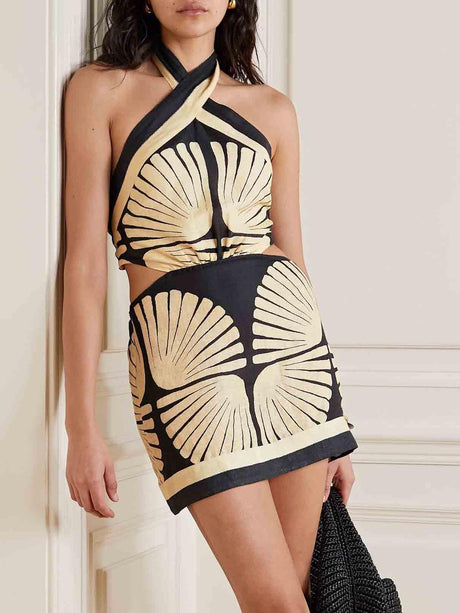 Aurohaya Unique Summer Print Halter Neck Mini Dress Black