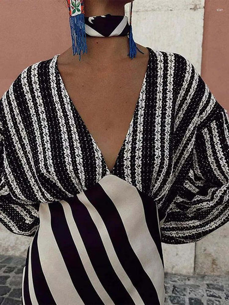 Aurohaya Unique Deep V-Neck Irregular Striped Midi Dress