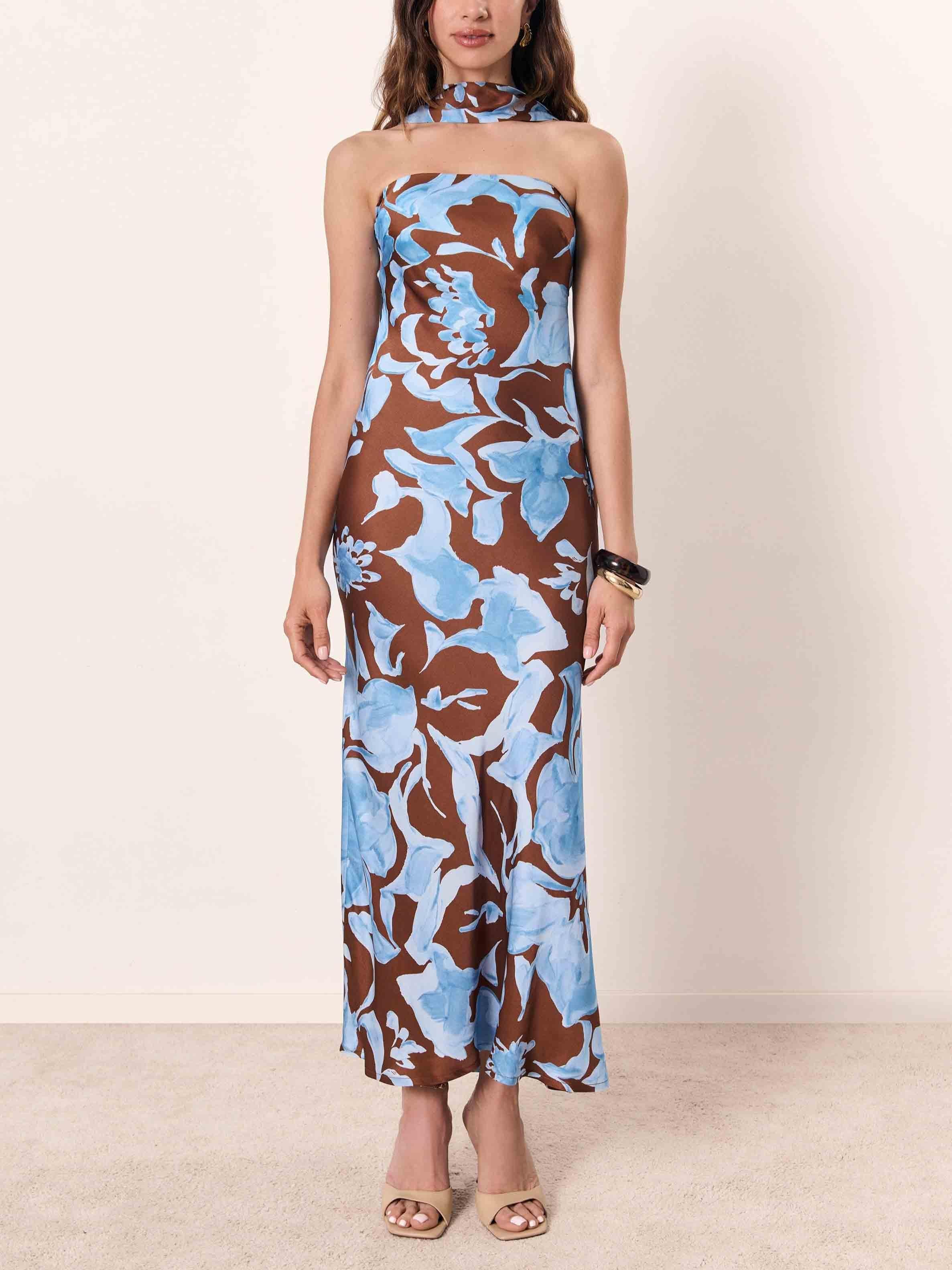 Aurohaya Elegant Watercolor Floral Print Maxi Dress