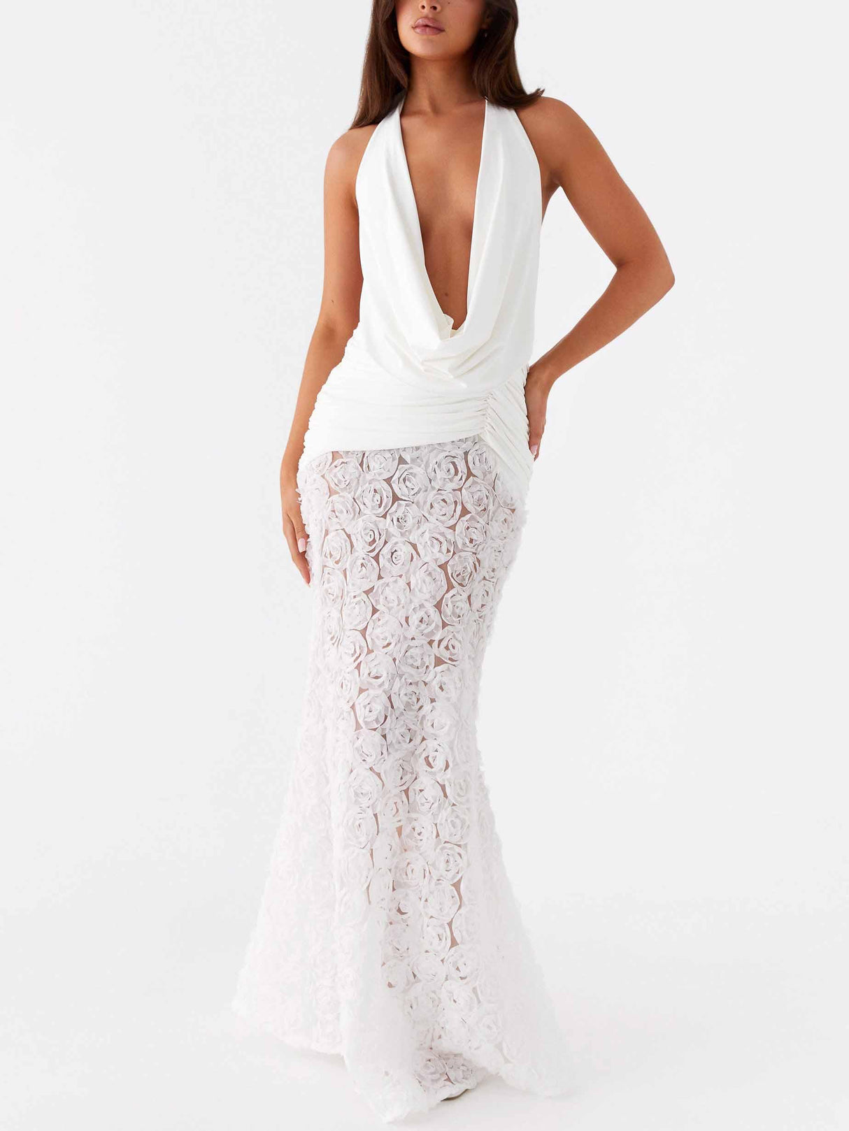Aurohaya Elegant Deep V Floral Backless Pleated Maxi Dress