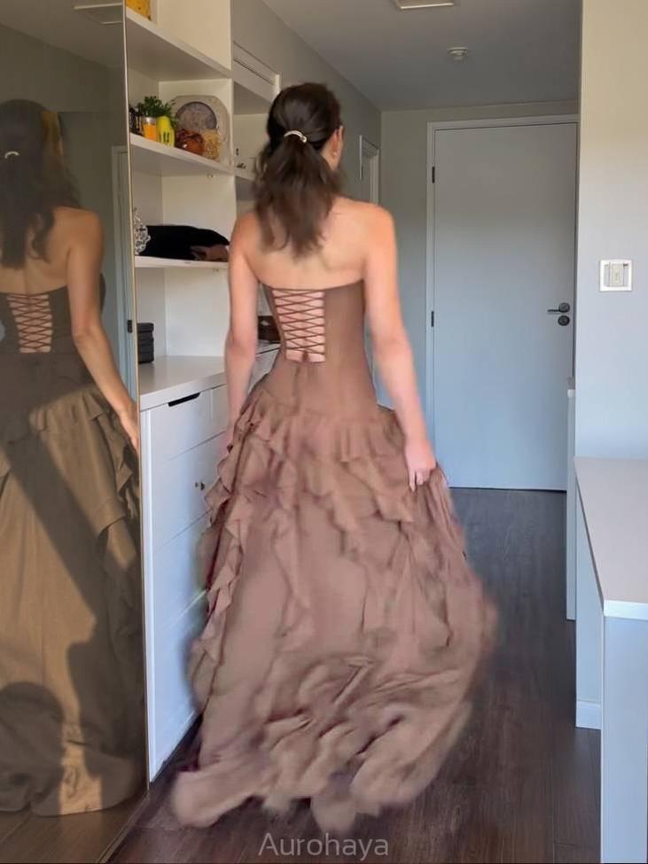 Aurohaya Tube Top Multi-layer Ruffled Side Slit Maxi Dress