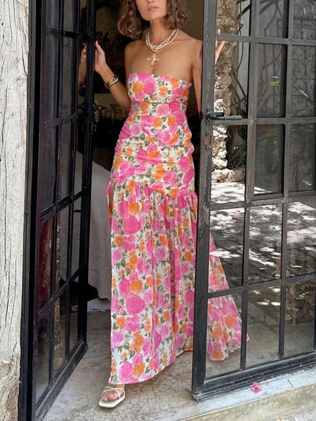 Aurohaya Romantic Strapless Floral Slit Maxi Dress