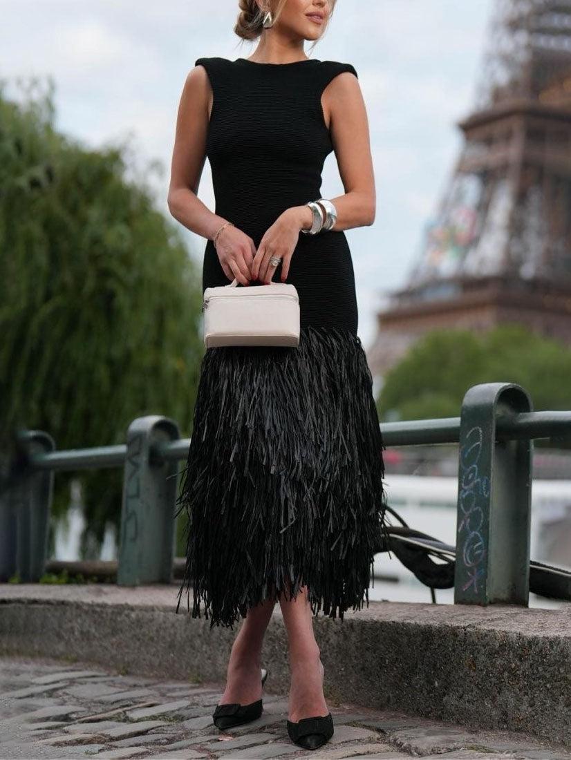 Aurohaya Elegant Raffia Fringed Midi Dress