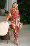 Elegant Floral Print Sexy V-Neck Long Sleeve Slit Dress