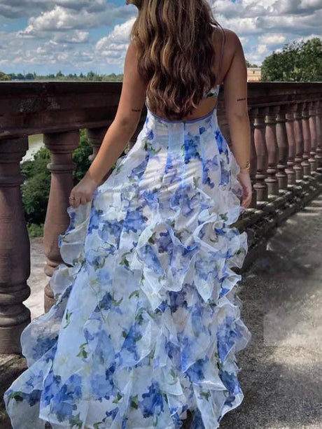 Aurohaya Fashion Floral Print Ruffle Maxi Dress