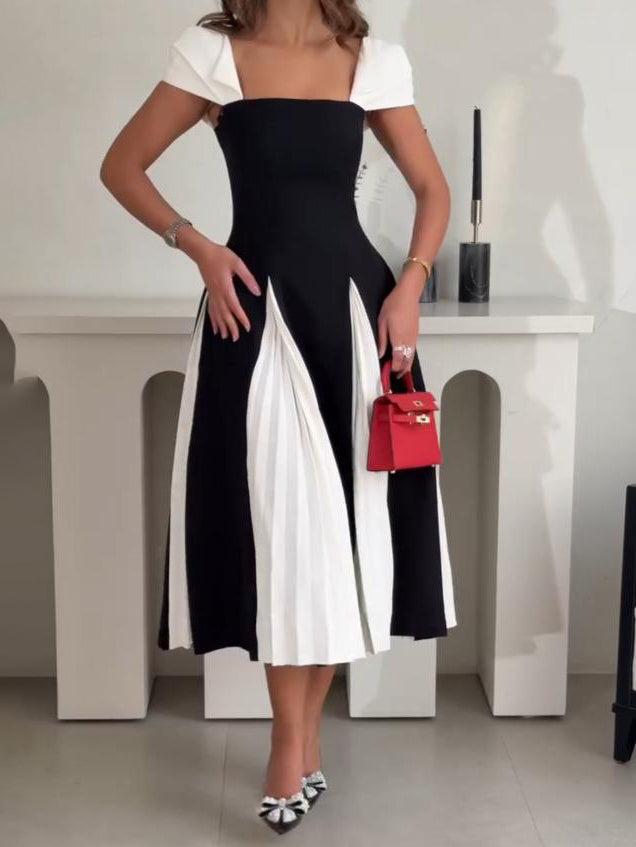 Aurohaya Elegant Contrast Pleated Panel Midi Dress Black