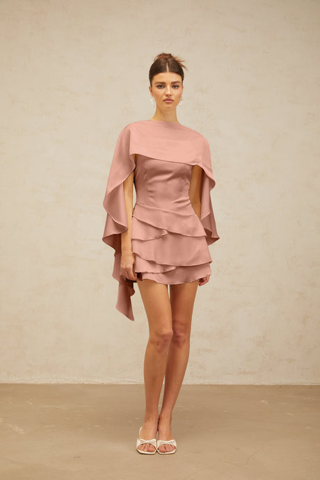 Aurohaya Lyna shawl-panel ruffled satin mini dress in Pink