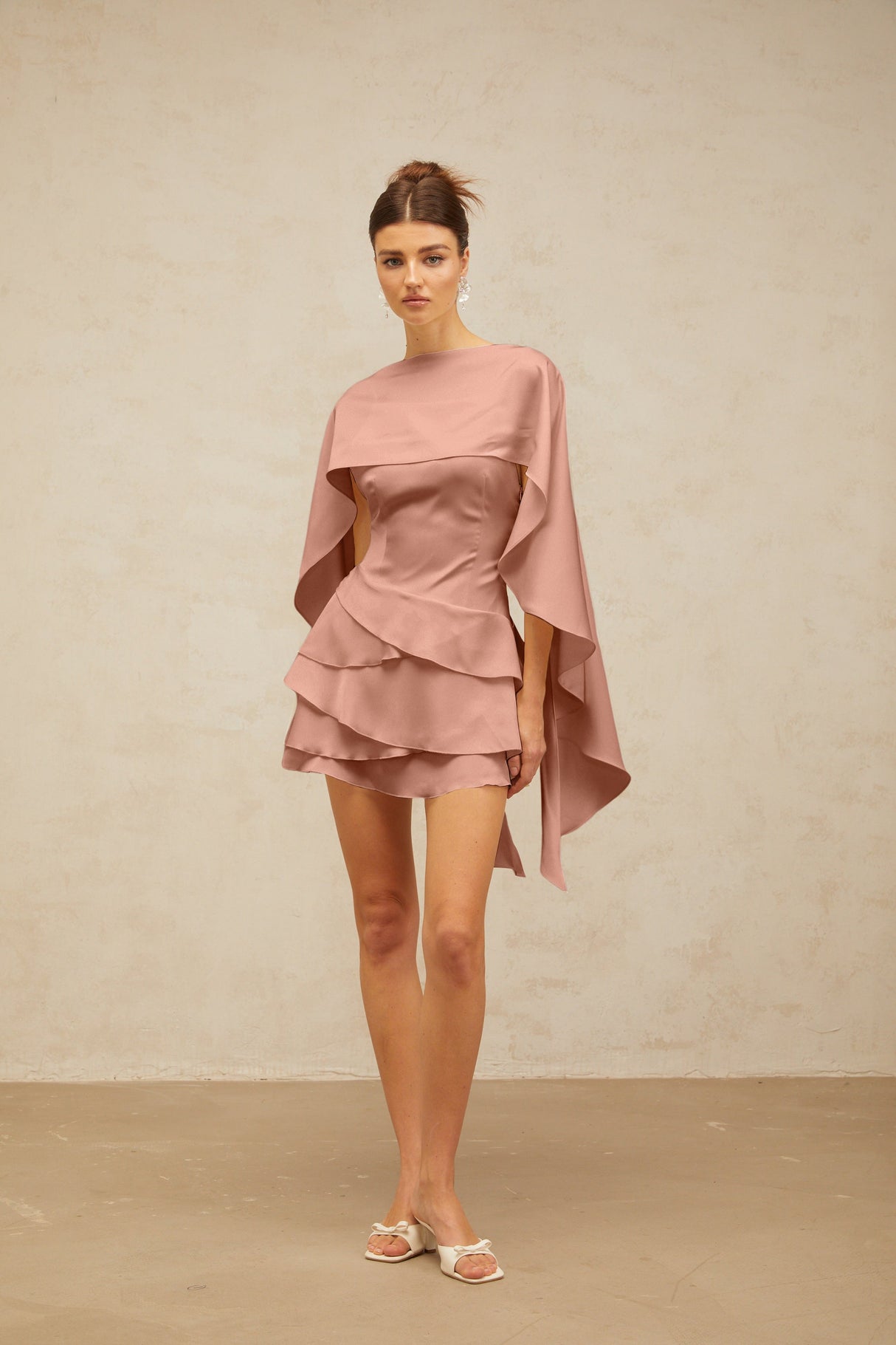 Aurohaya Lyna shawl-panel ruffled satin mini dress in Pink
