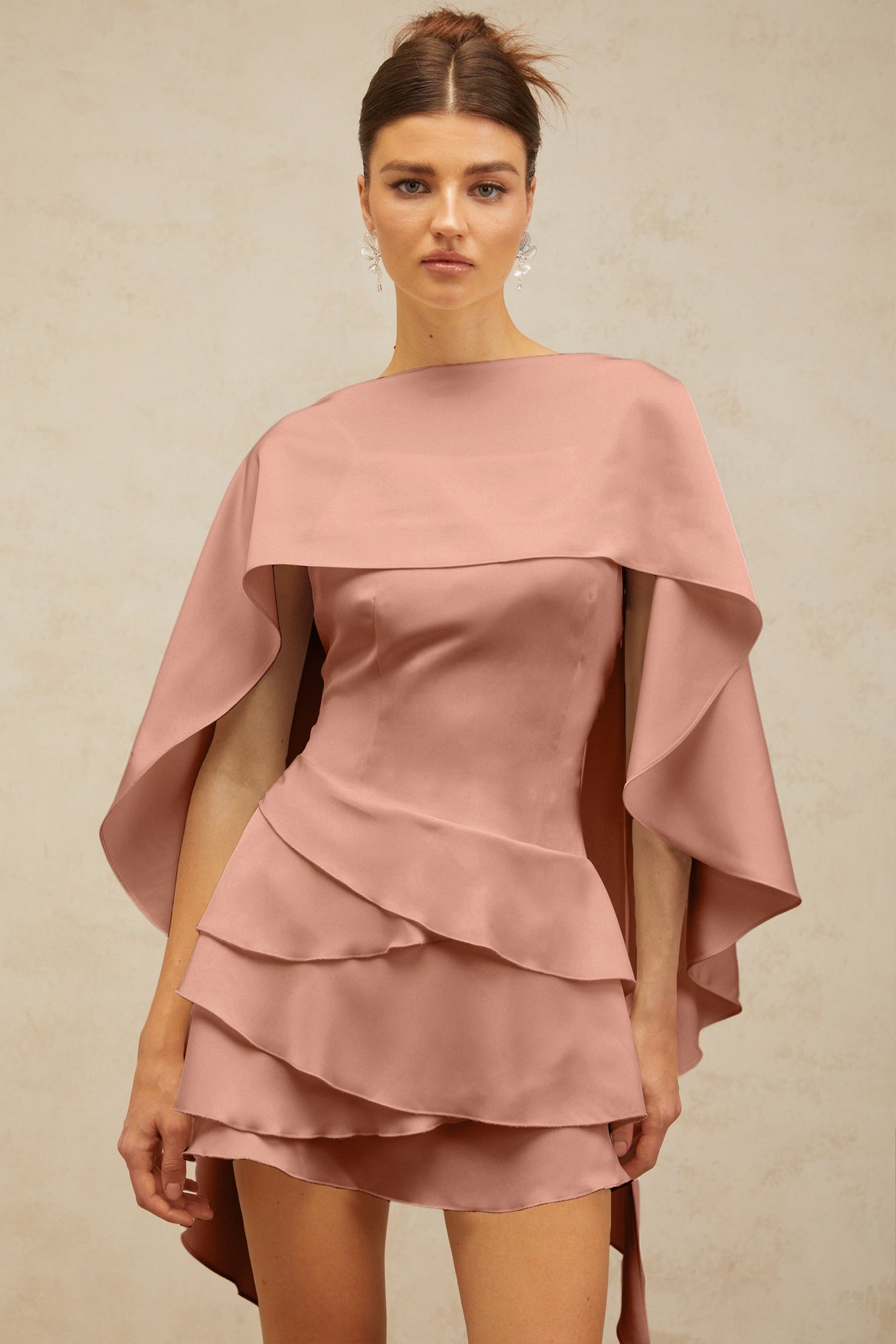 Aurohaya Lyna shawl-panel ruffled satin mini dress in Pink