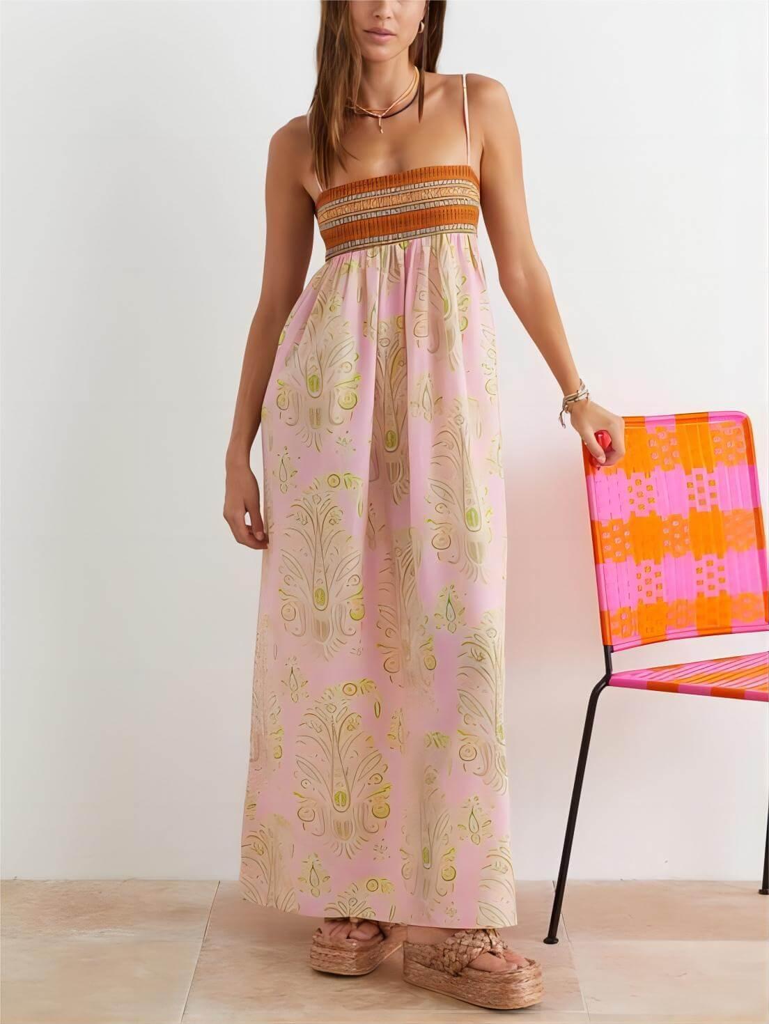 Aurohaya Bosnian Folk Floral Thin Strap Midi Dress pink