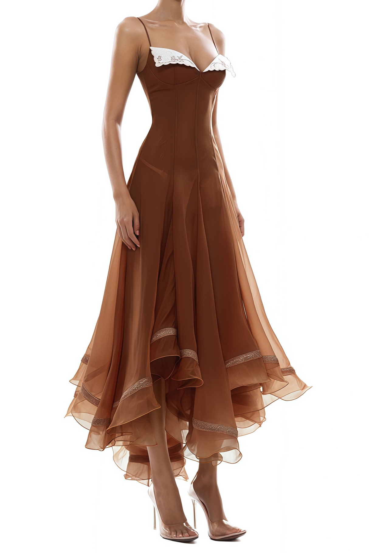 Aurohaya Nuria Rust Brown Asymmetrical Midi Dress
