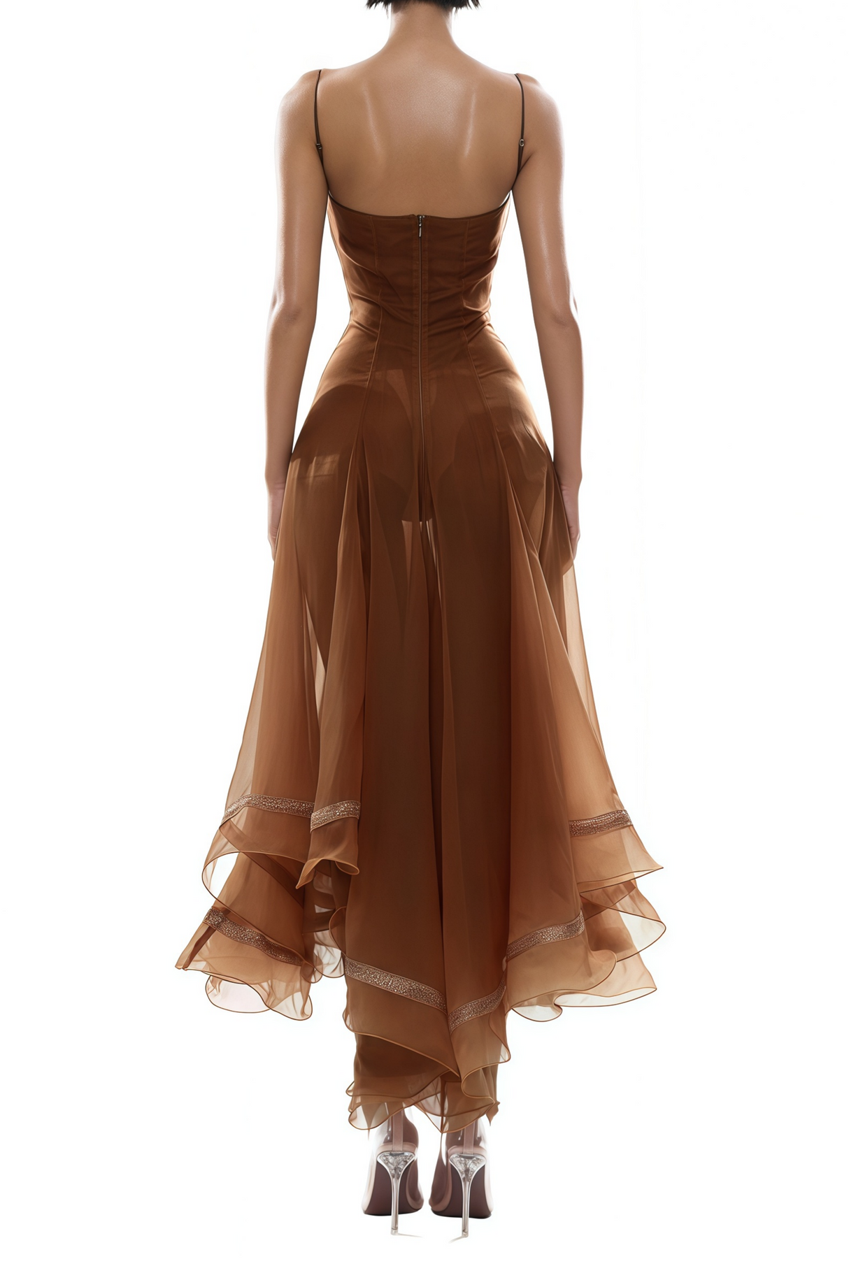 Aurohaya Nuria Rust Brown Asymmetrical Midi Dress