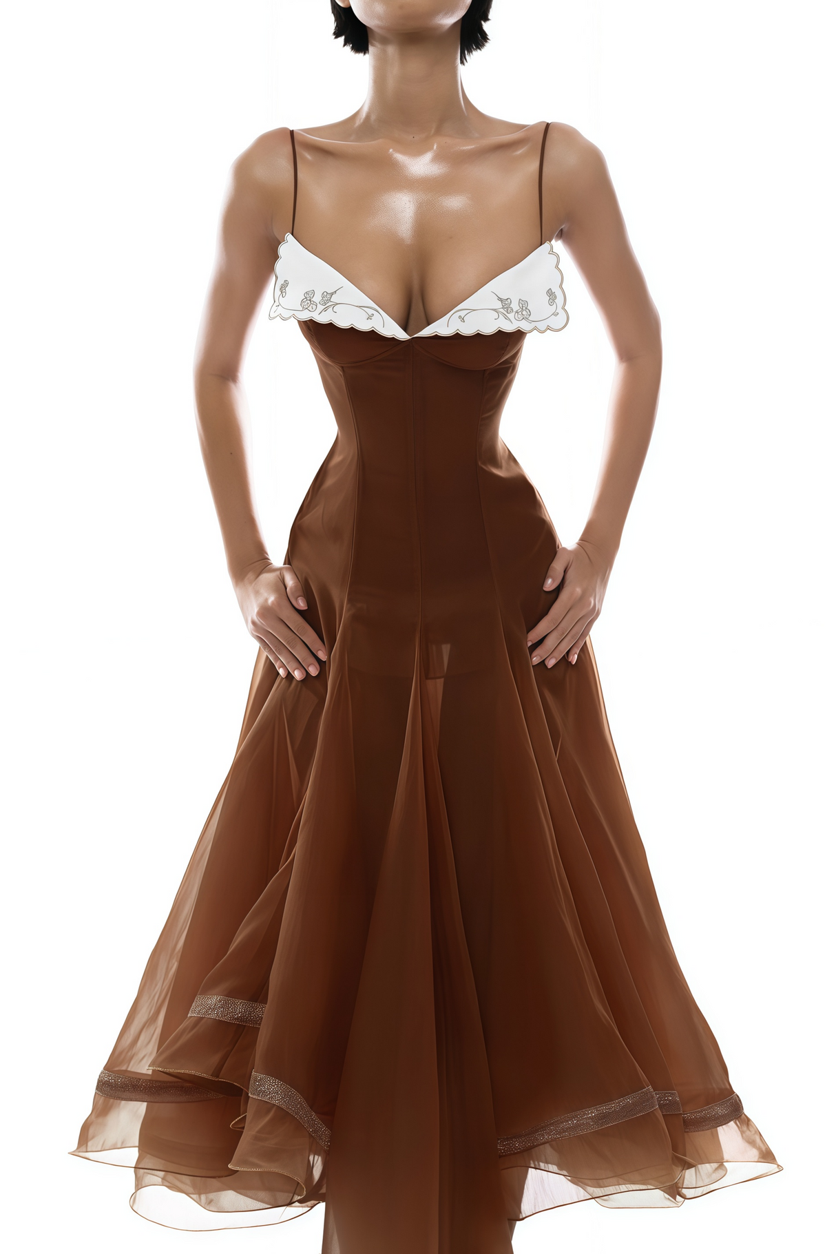 Aurohaya Nuria Rust Brown Asymmetrical Midi Dress