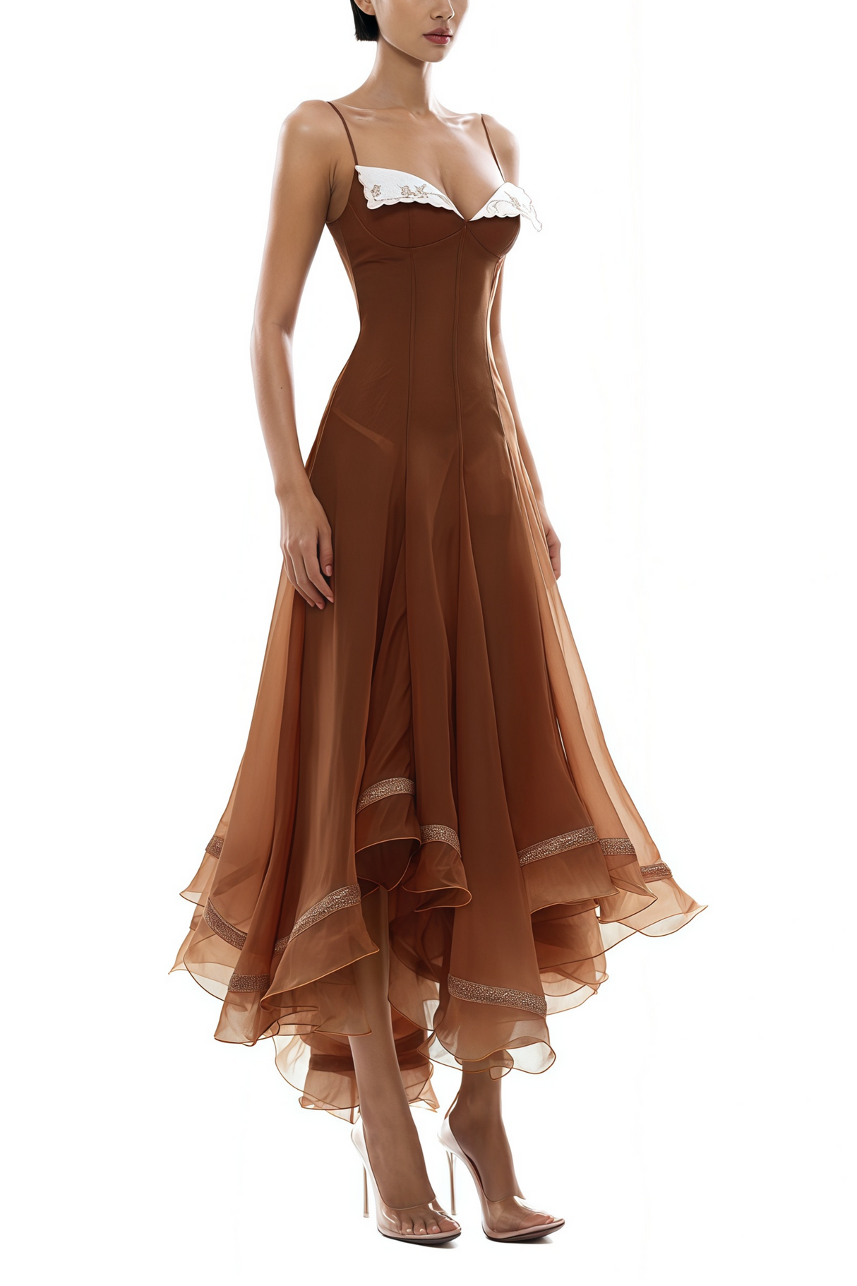 Aurohaya Nuria Rust Brown Asymmetrical Midi Dress