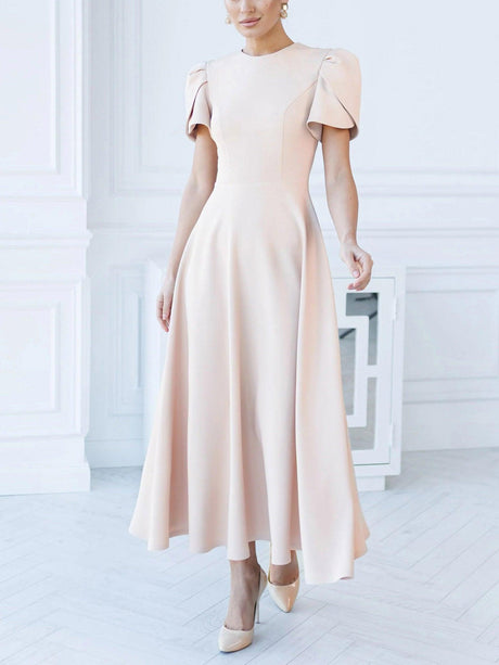 Aurohaya Elegant High-neck Bud Sleeve Midi Dress Apricot