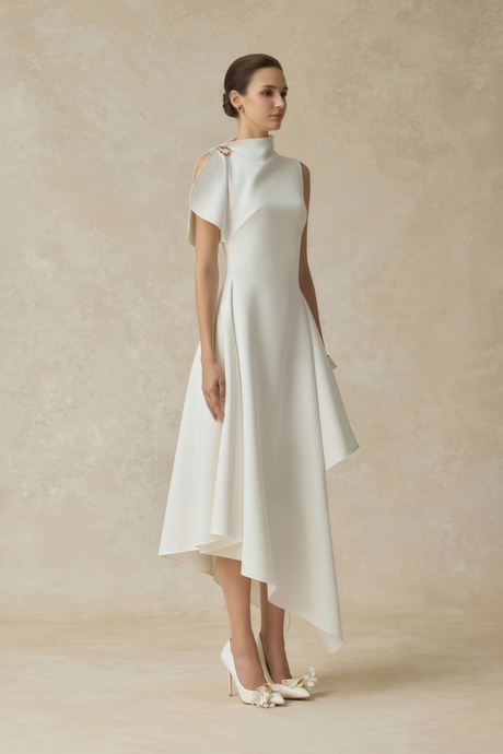 Aurohaya Alix White Asymmetrical Flared Midi Dress