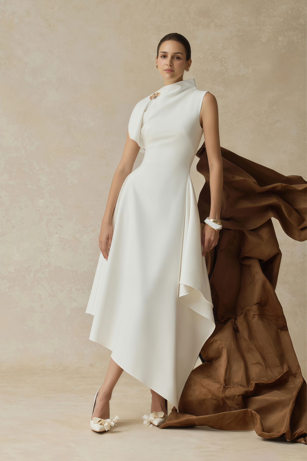 Aurohaya Alix White Asymmetrical Flared Midi Dress