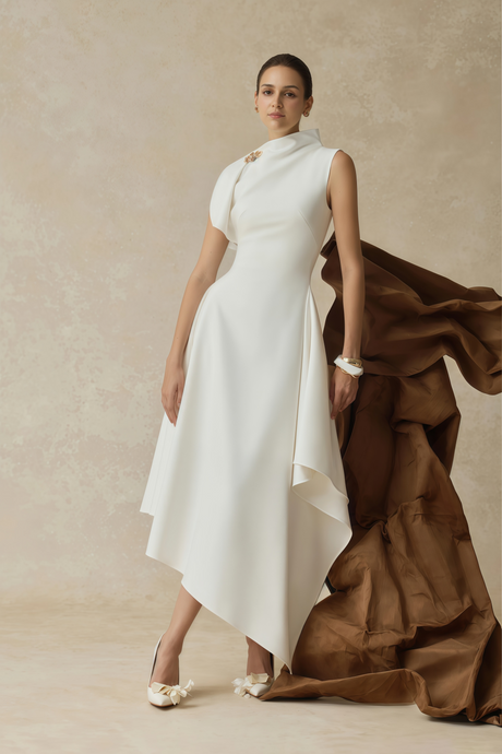 Aurohaya Alix White Asymmetrical Flared Midi Dress
