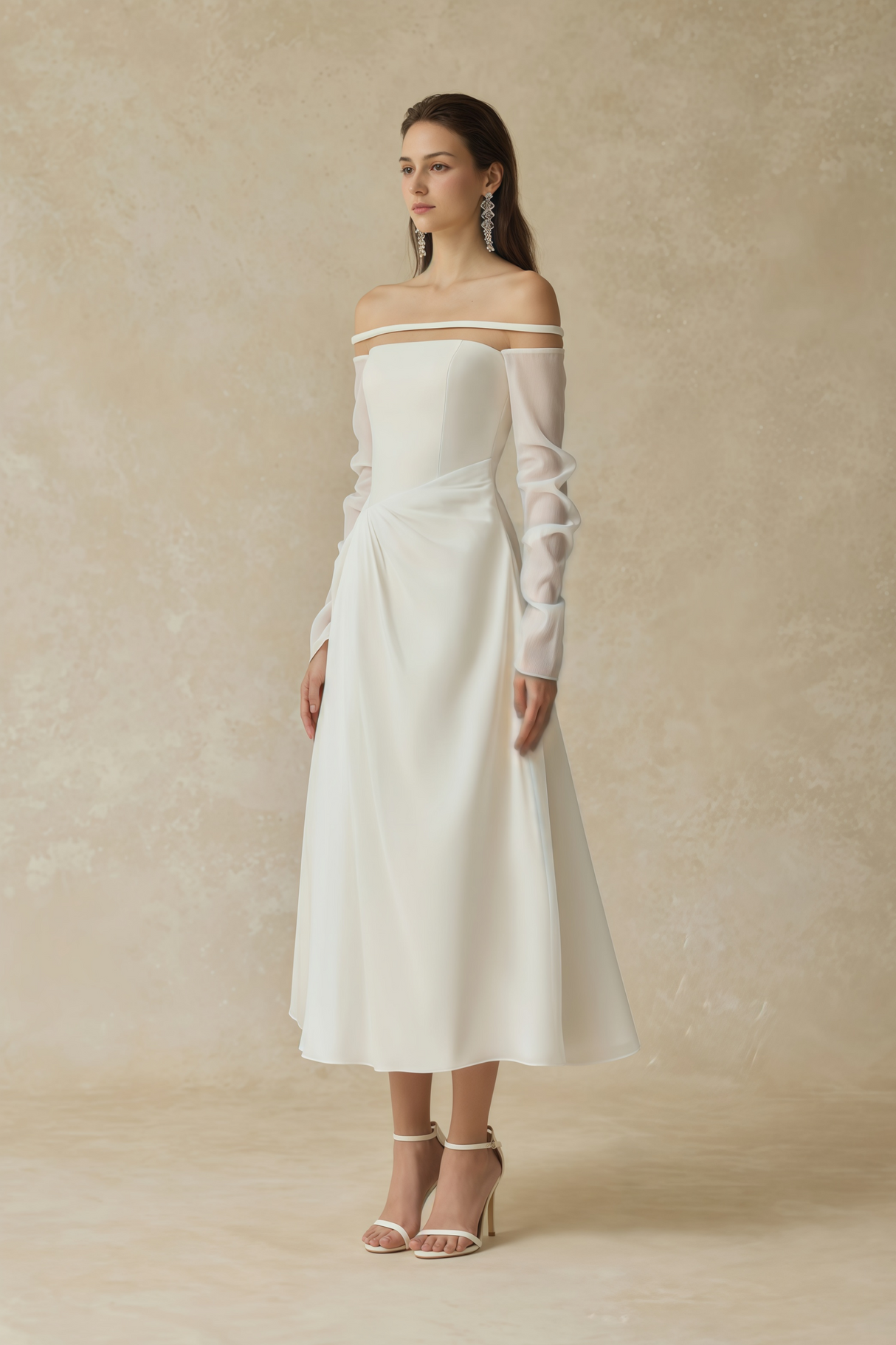 Aurohaya Gelsomina White Gathered Crepe Midi Dress