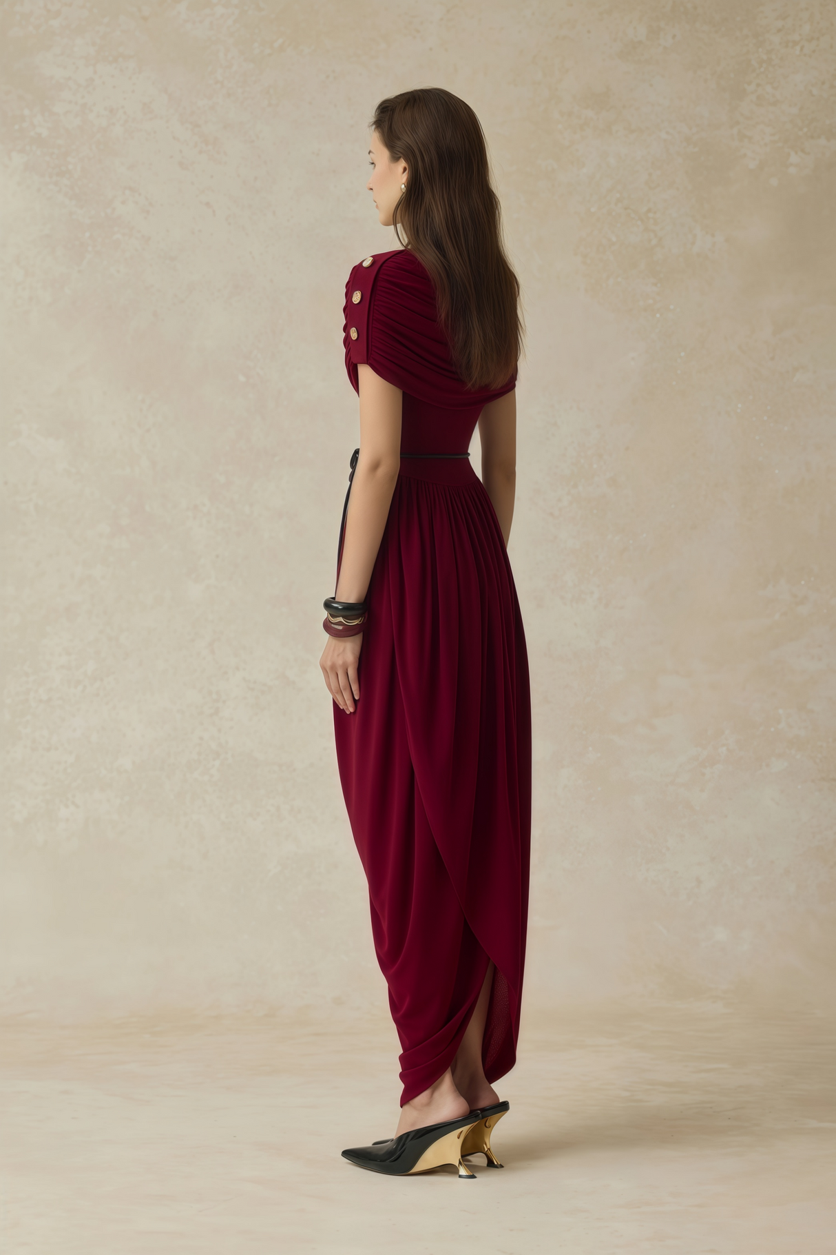 Aurohaya Gianna Burgundy Shawl Design Draped Maxi Dress