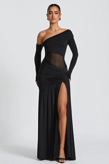 Aurohaya Anastasia Black One Shoulder Gathered Maxi Dress