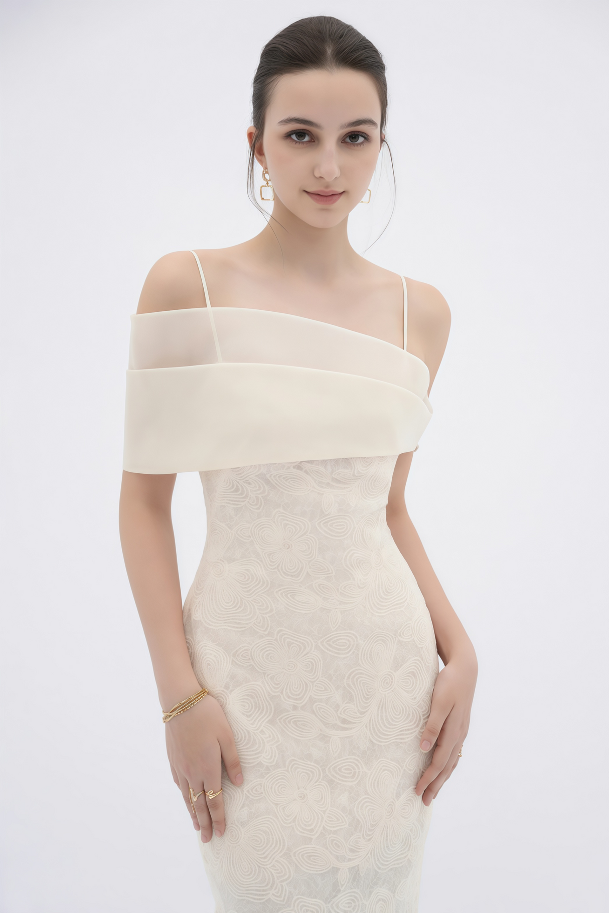Aurohaya Ortensia Neutral Floral Lace Pencil Maxi Dress