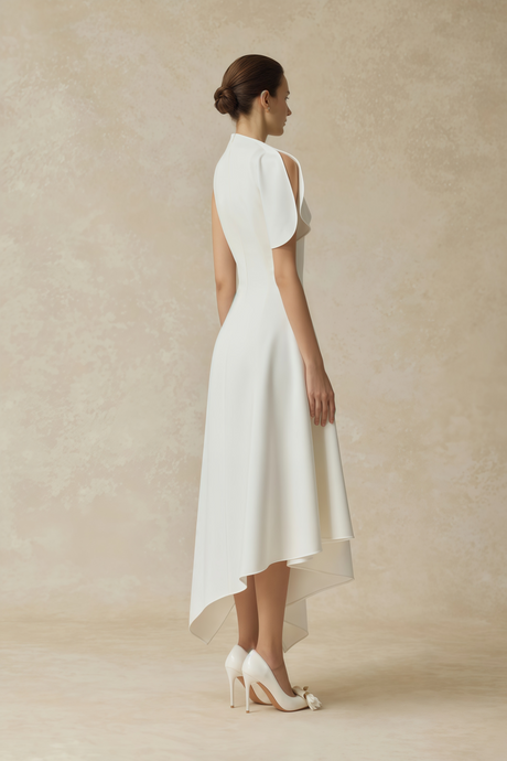Aurohaya Alix White Asymmetrical Flared Midi Dress