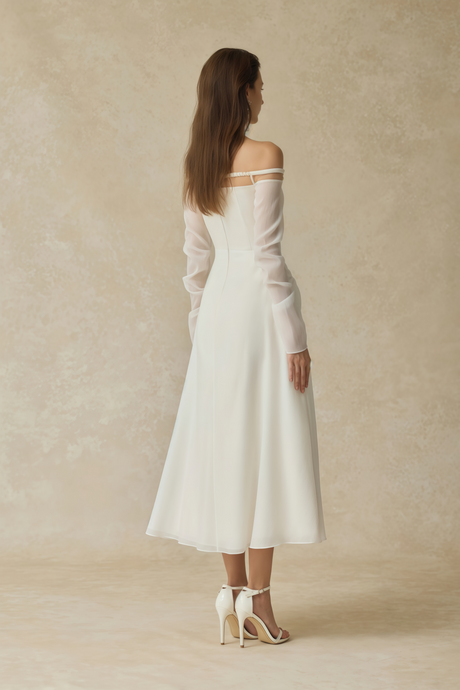 Aurohaya Gelsomina White Gathered Crepe Midi Dress