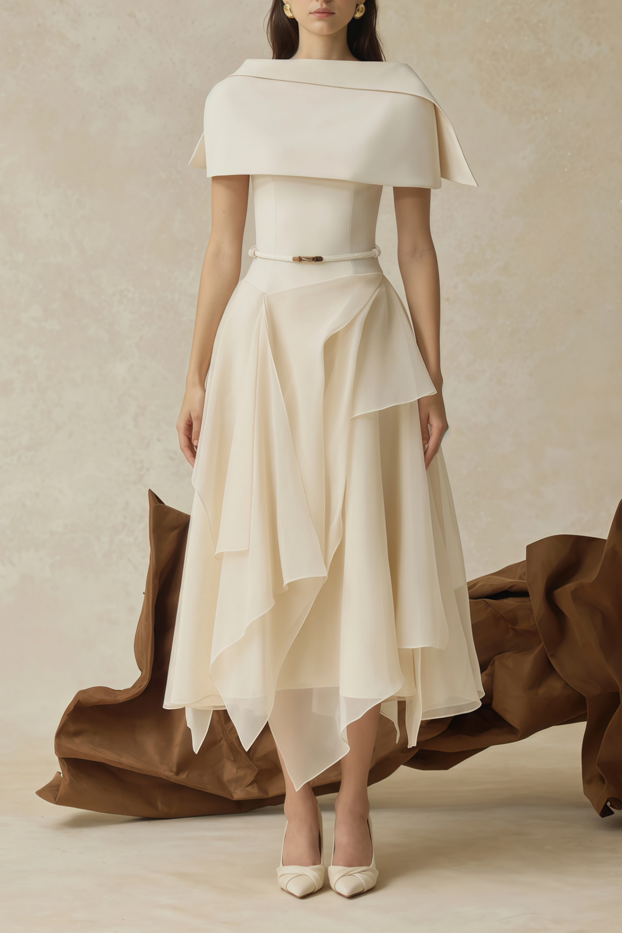 Aurohaya Aria White Asymmetrical Shawl & Tulle Panel Dress Set
