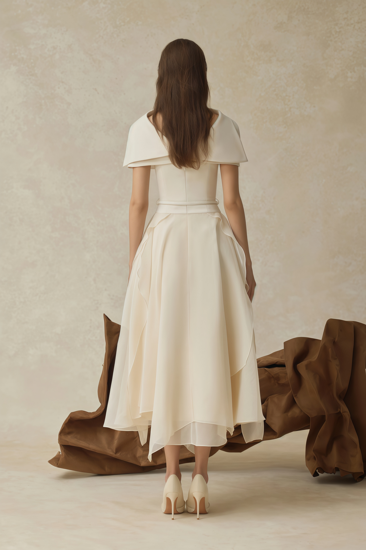 Aurohaya Aria White Asymmetrical Shawl & Tulle Panel Dress Set