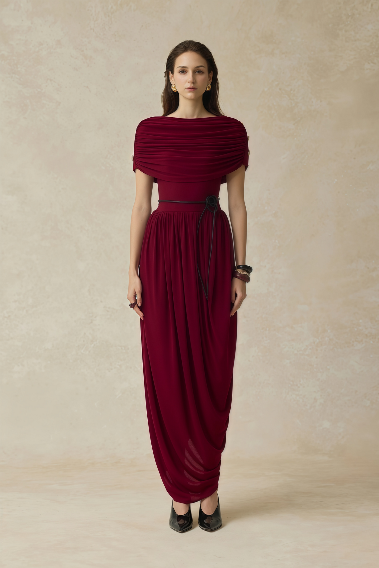 Aurohaya Gianna Burgundy Shawl Design Draped Maxi Dress