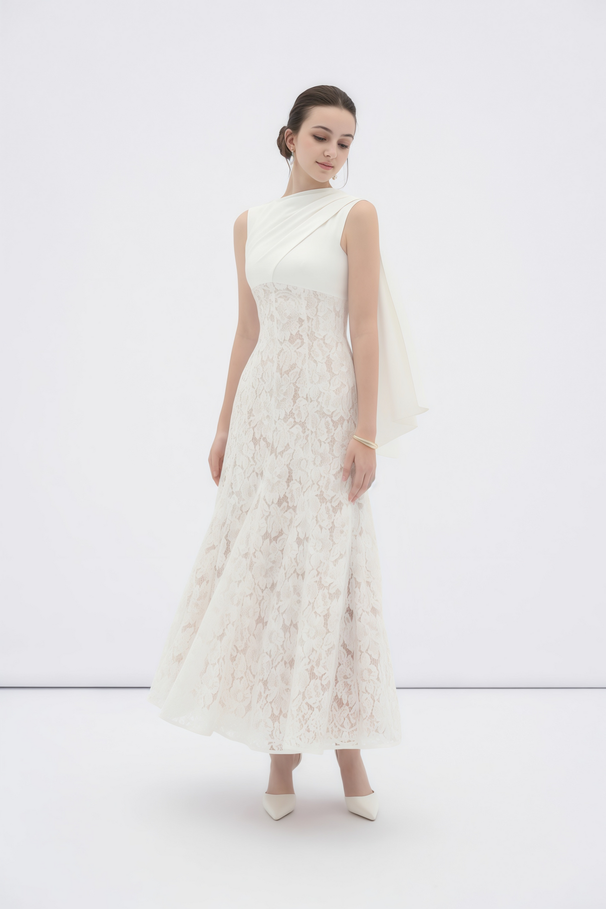 Aurohaya Marzia White Ribbon Detail Floral Lace Maxi Dress