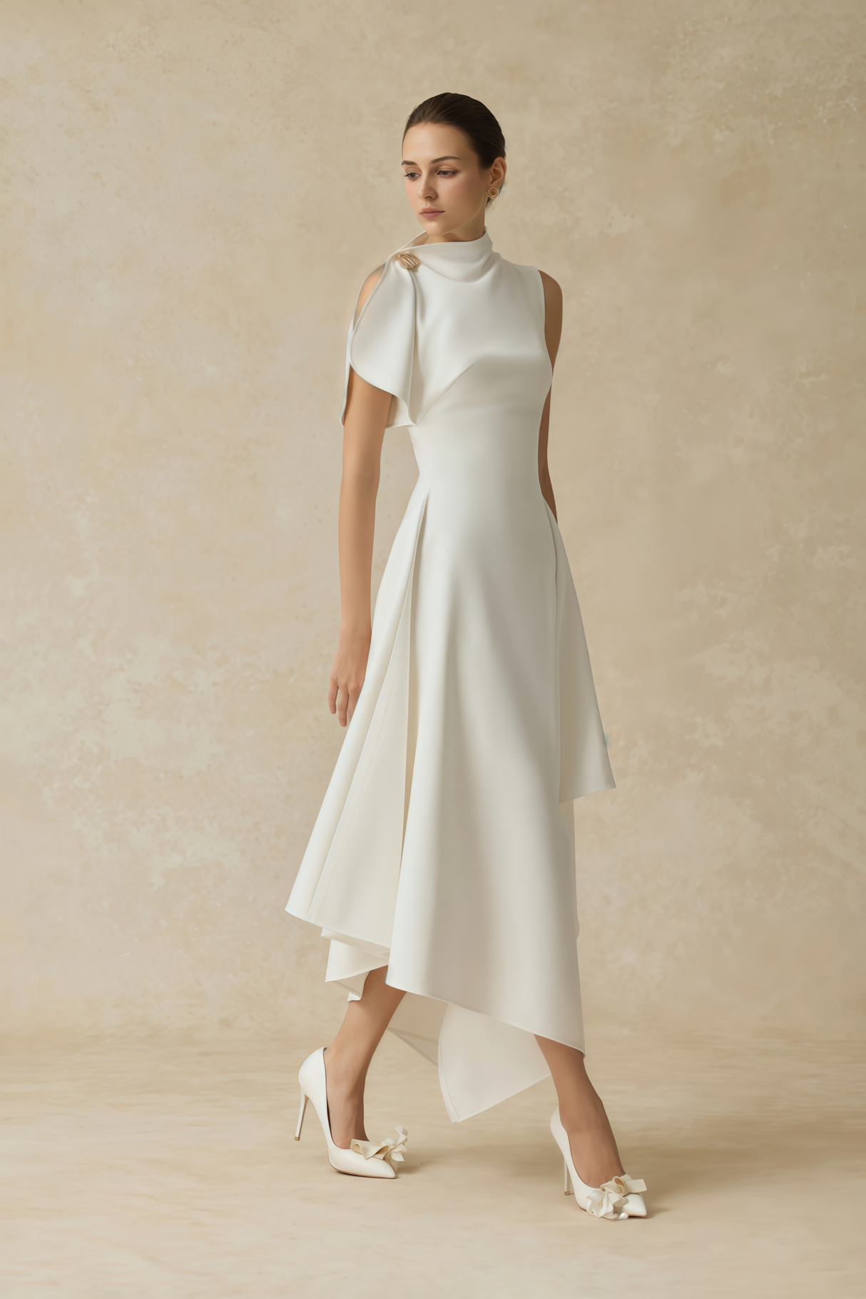 Aurohaya Alix White Asymmetrical Flared Midi Dress