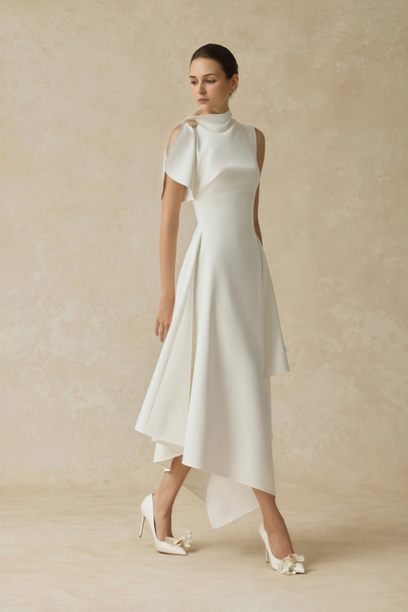 Aurohaya Alix White Asymmetrical Flared Midi Dress