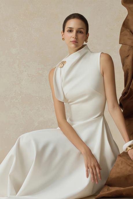 Aurohaya Alix White Asymmetrical Flared Midi Dress