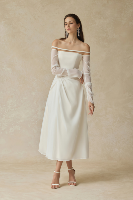 Aurohaya Gelsomina White Gathered Crepe Midi Dress