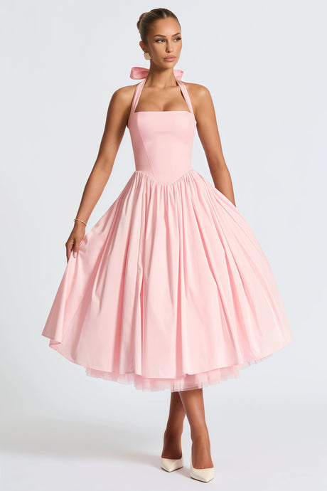 Aurohaya Eponine Pink Layered Flared Hem Midi Dress
