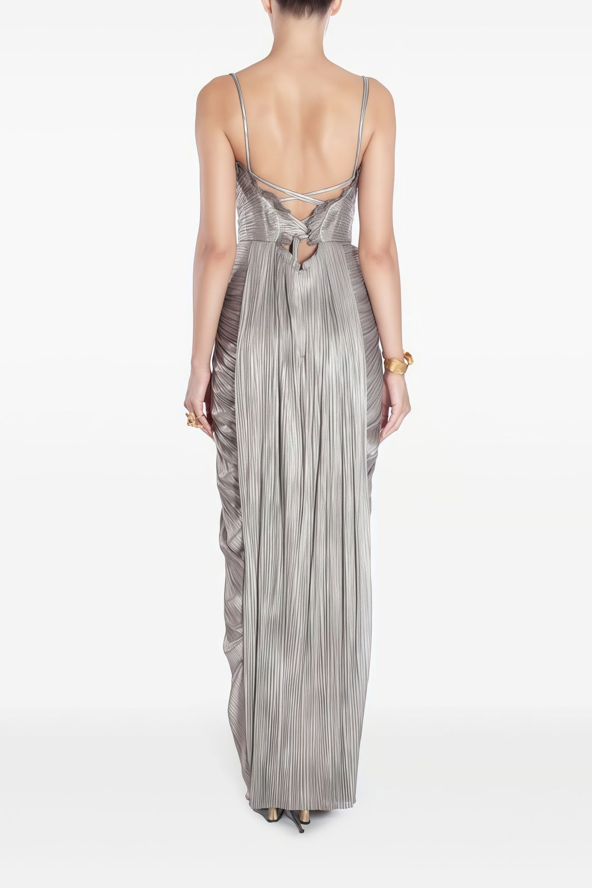 Aurohaya Nicoletta Silver Glossy Pleated Corset Maxi Dress