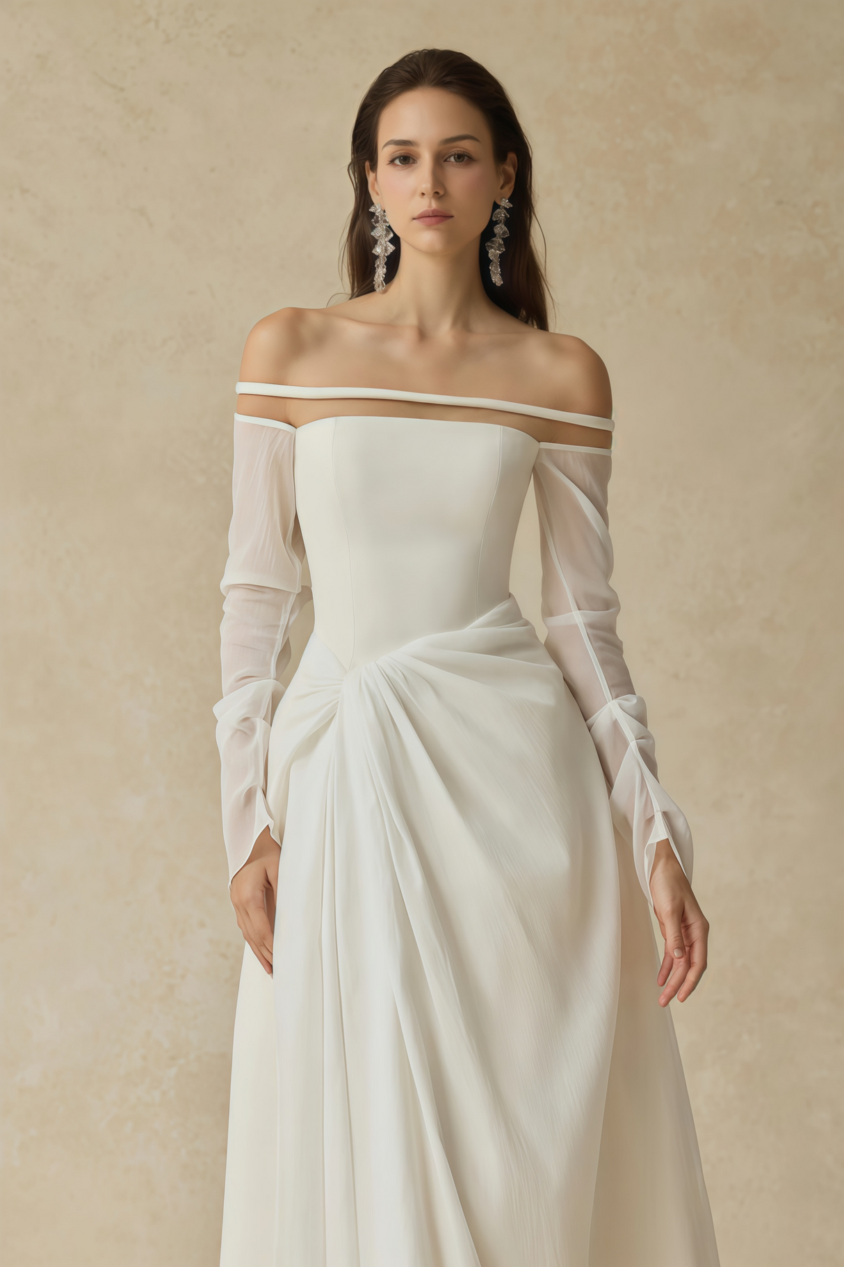 Aurohaya Gelsomina White Gathered Crepe Midi Dress