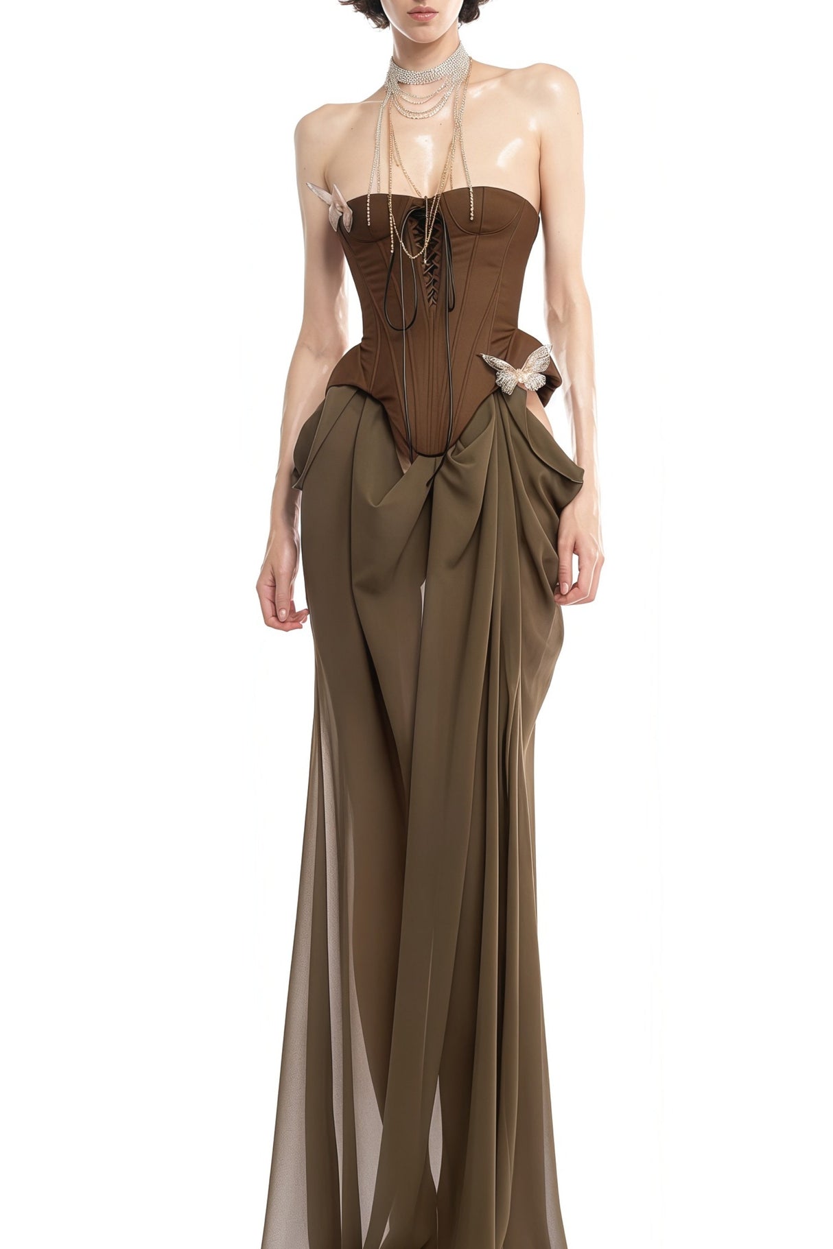 Aurohaya Eva brown butterfly-pin-detail corset maxi dress