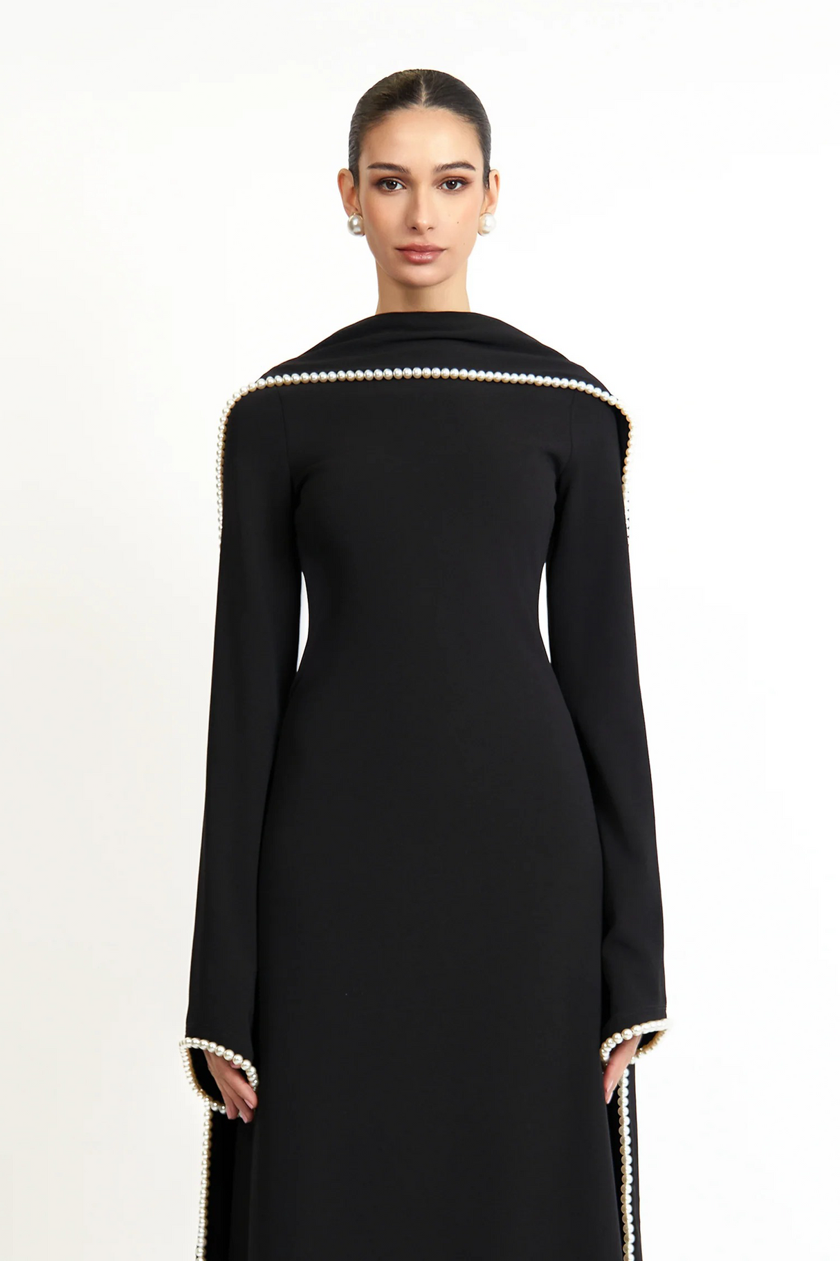 Aurohaya Piroska Black Pearl Trim Shawl Detail Maxi Dress